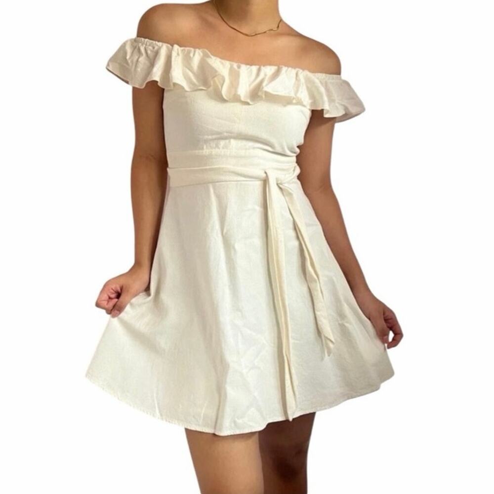 Zara Off Shoulder Ruffle Linen Blend Mini Dress Cream Ivory Size Large